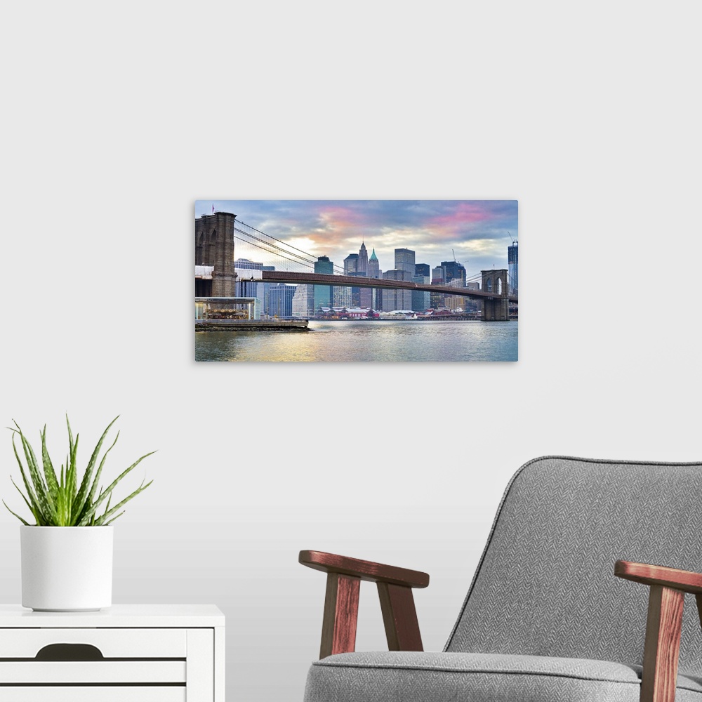 A modern room featuring Large horizontal photograph of the Brooklyn Bridge during repairs, the New York City skyline in t...