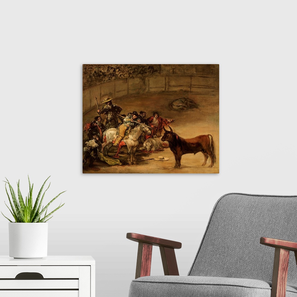 A modern room featuring Francisco de Goya (Spanish, 1746-1828), Bullfight, Suerte de Varas, 1824, oil on canvas, 49.5 x 6...