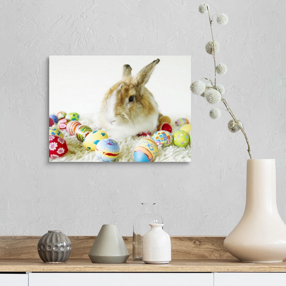 A farmhouse room featuring Bunny Rabbit Sitting Among Easter Eggs