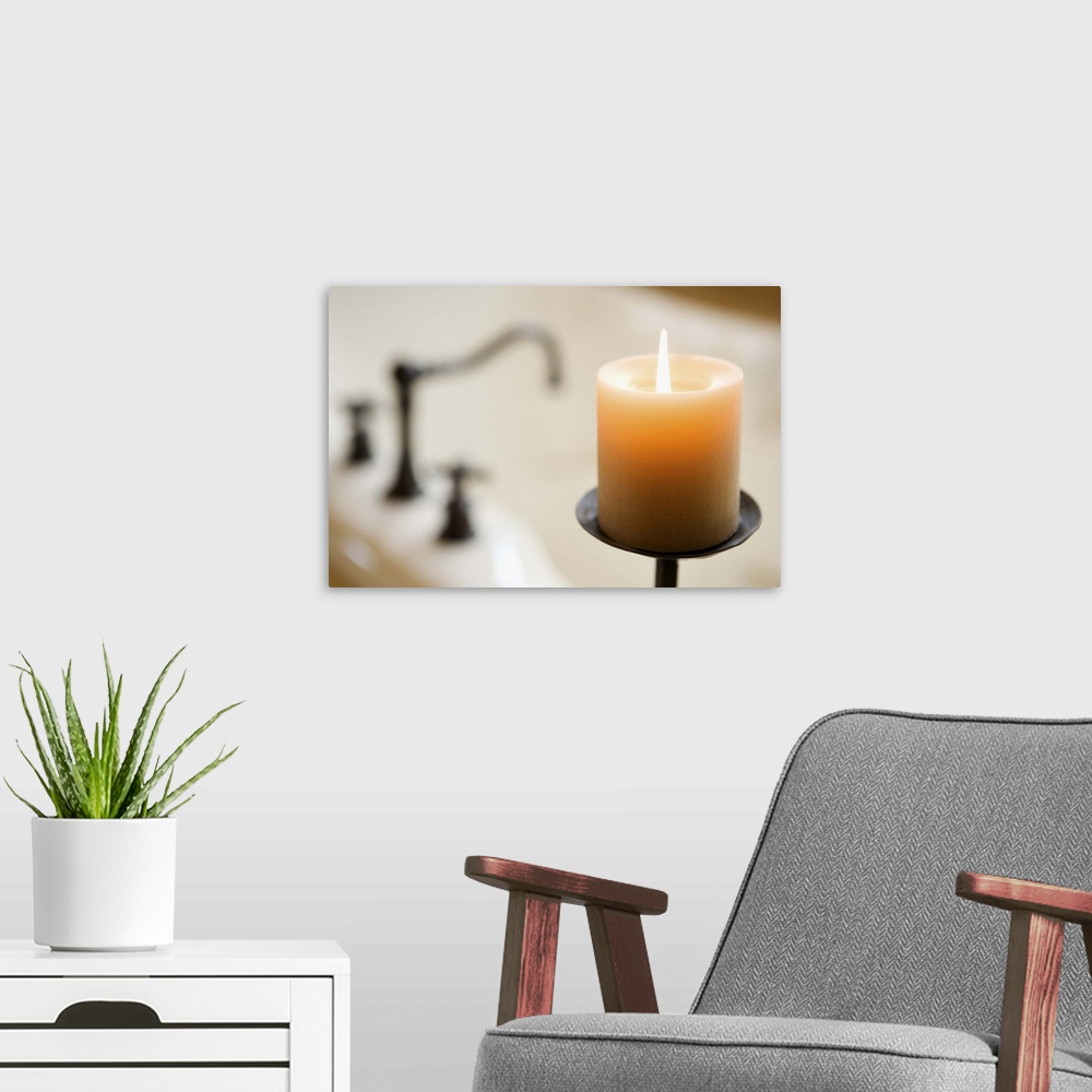 A modern room featuring Burning aromatherapy candle