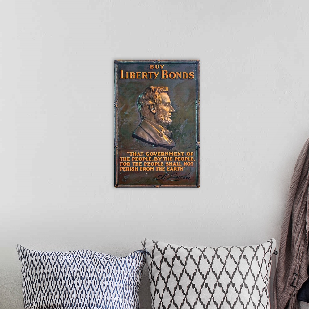 A bohemian room featuring WWI homefront poster promoting participation in the purchase of war bonds, using an Abraham Linco...