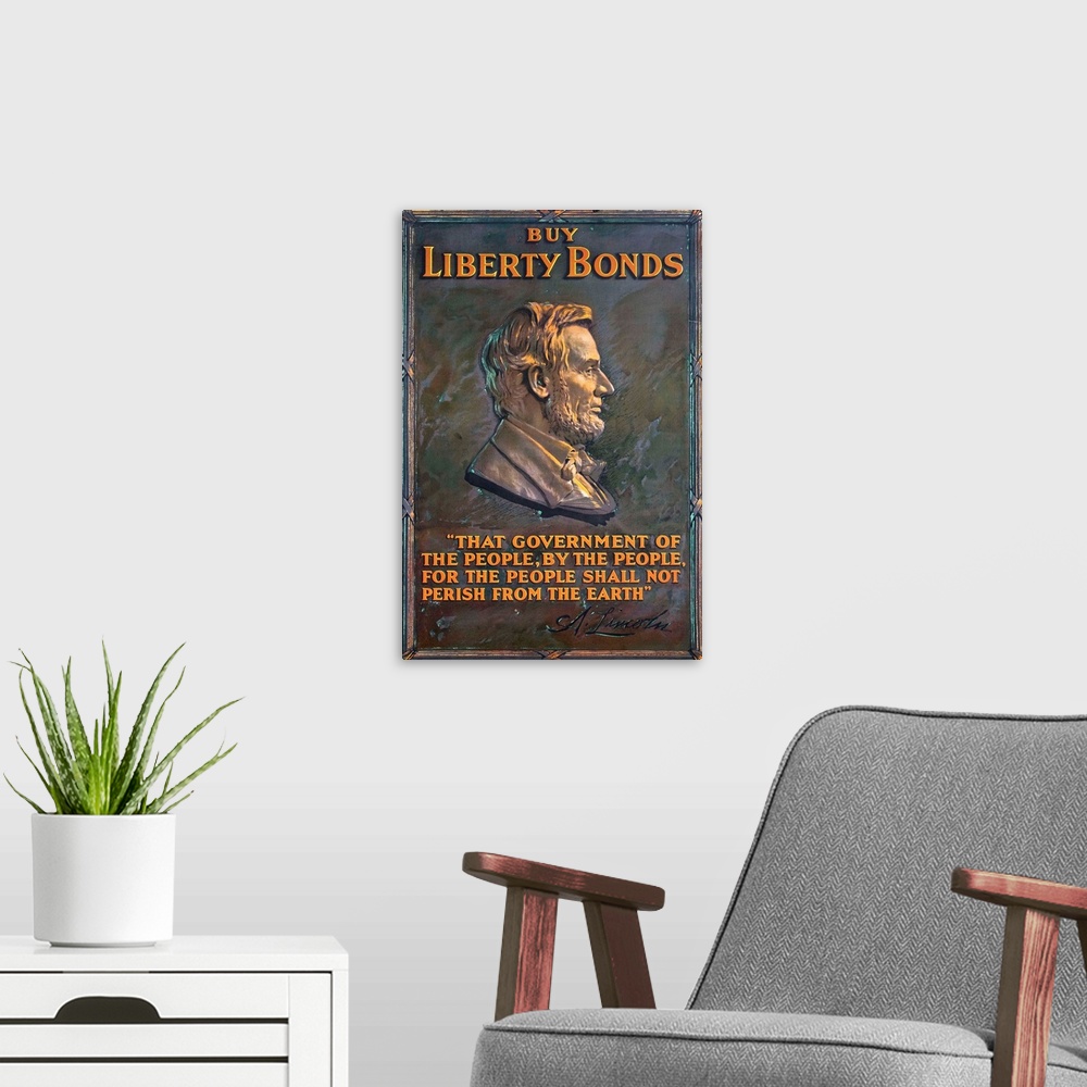 A modern room featuring WWI homefront poster promoting participation in the purchase of war bonds, using an Abraham Linco...