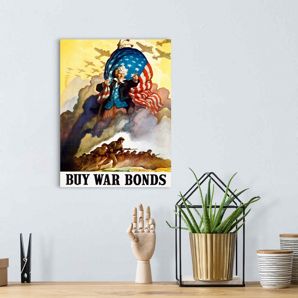 A bohemian room featuring Buy War Bonds Poster