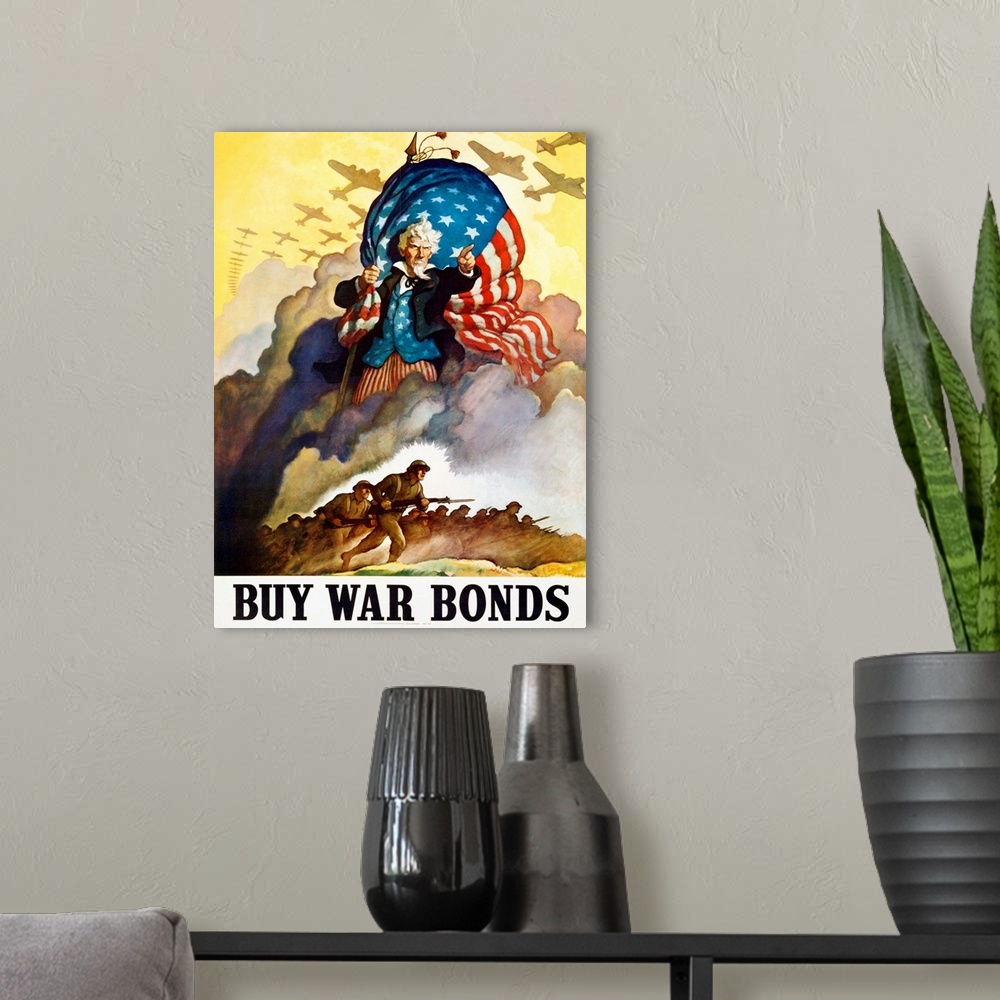 A modern room featuring Buy War Bonds Poster