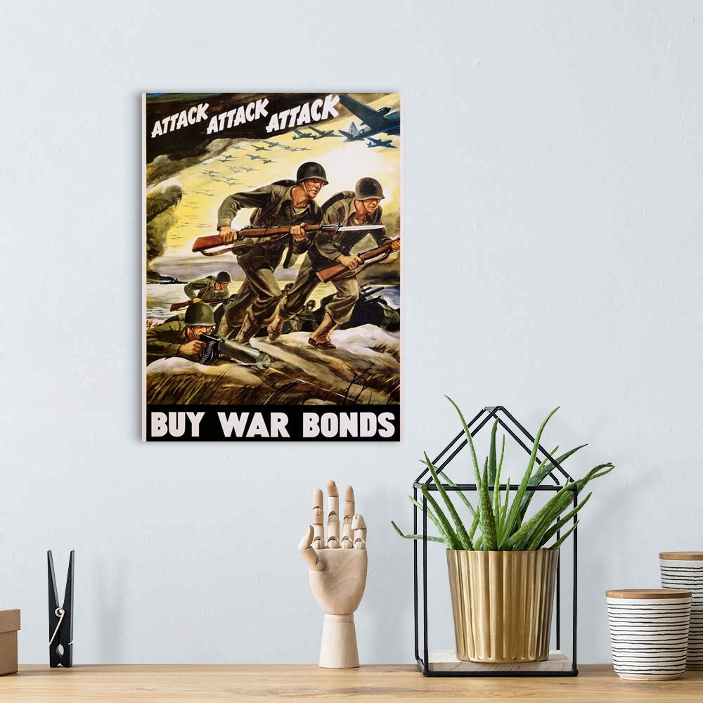 A bohemian room featuring Buy War Bonds Poster By Ferdinand Warren