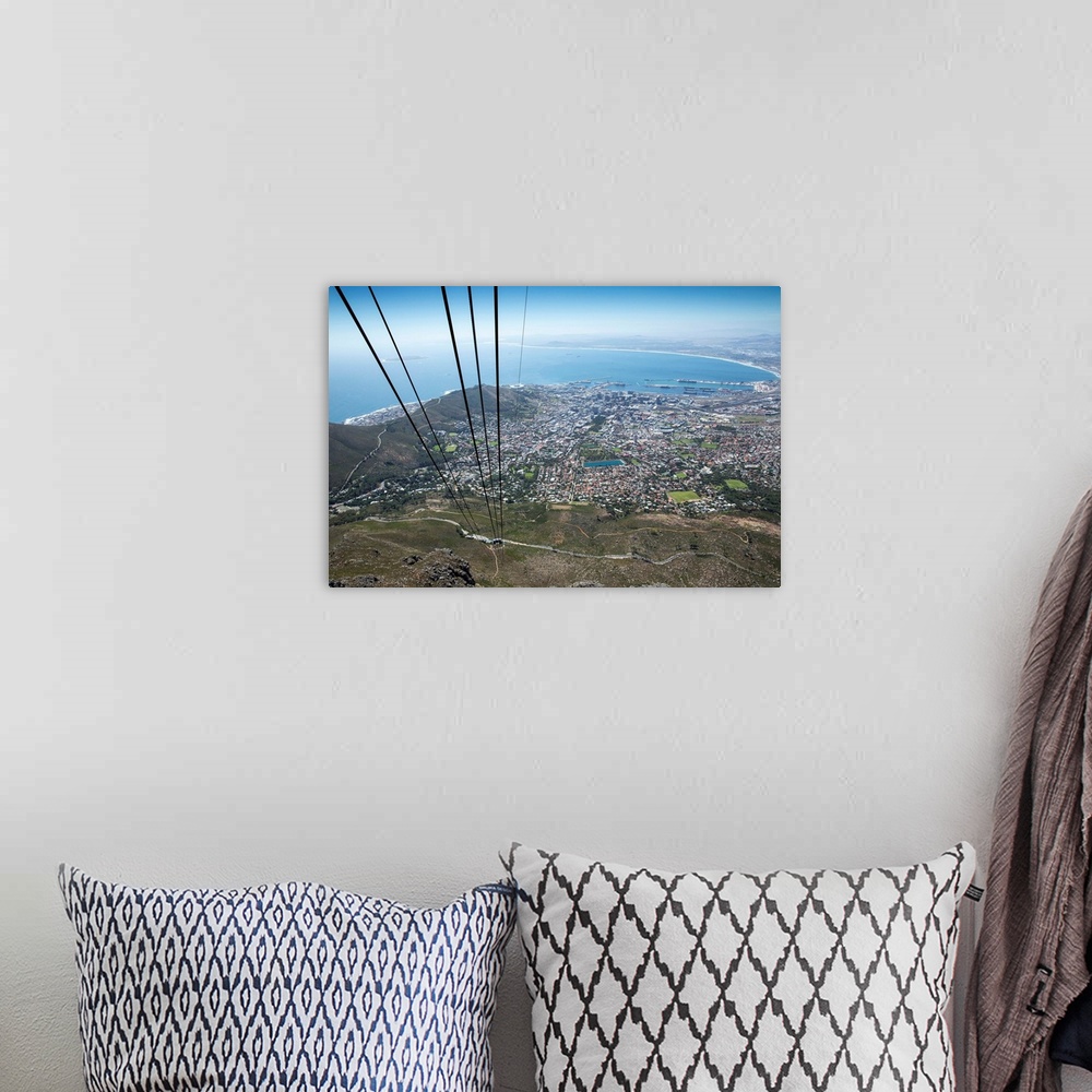 A bohemian room featuring South Africa, Cape Town, Table Mountain National Park, View from window of Cable Car climbing to ...