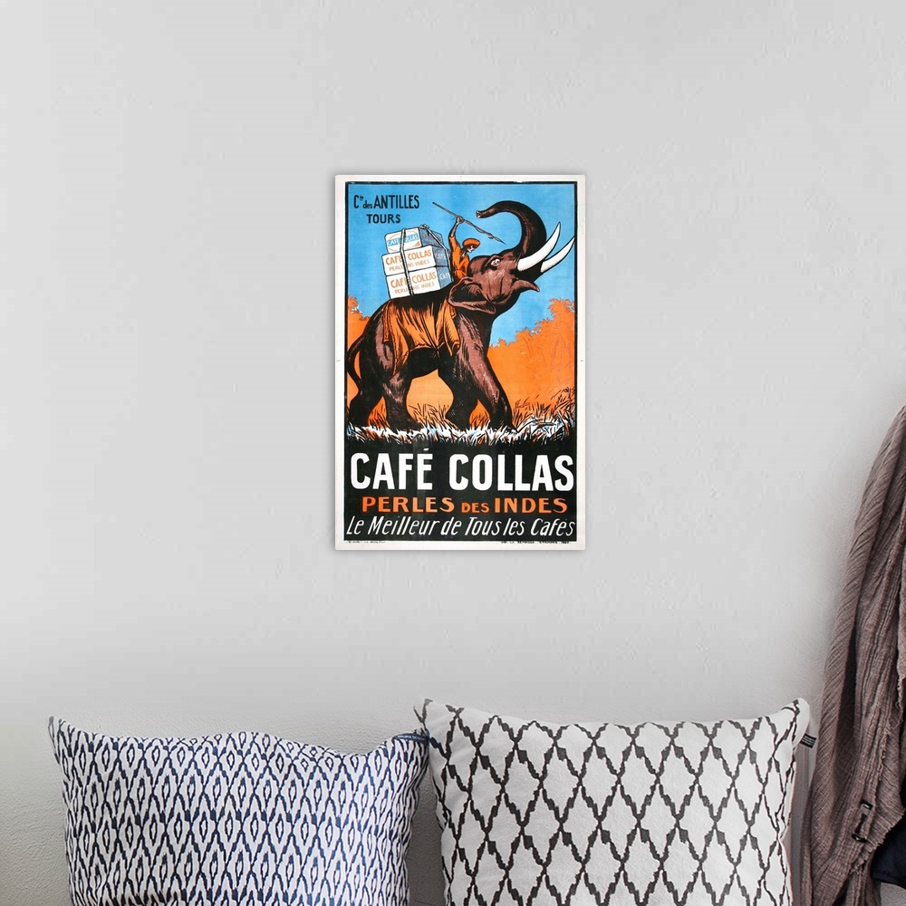 A bohemian room featuring 1927 color lithograph for Collas coffee company, a French company that had an office in India.