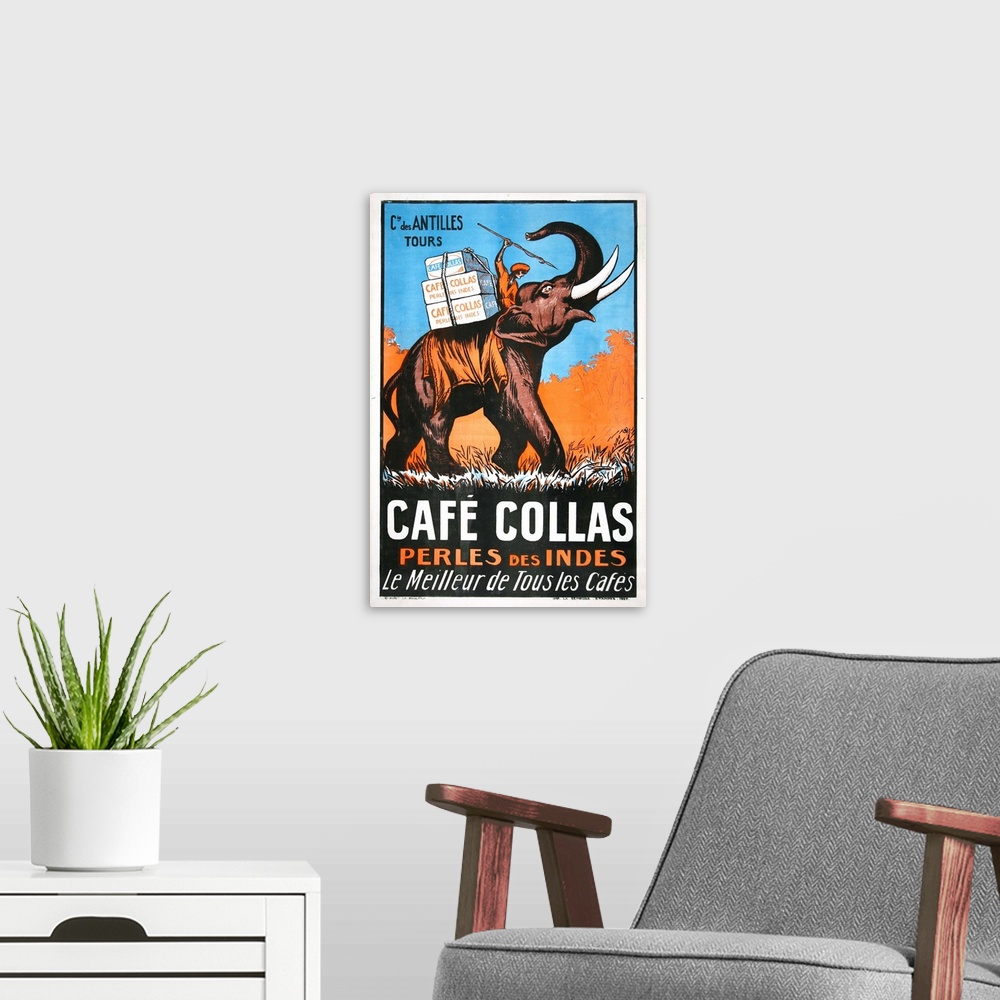 A modern room featuring 1927 color lithograph for Collas coffee company, a French company that had an office in India.