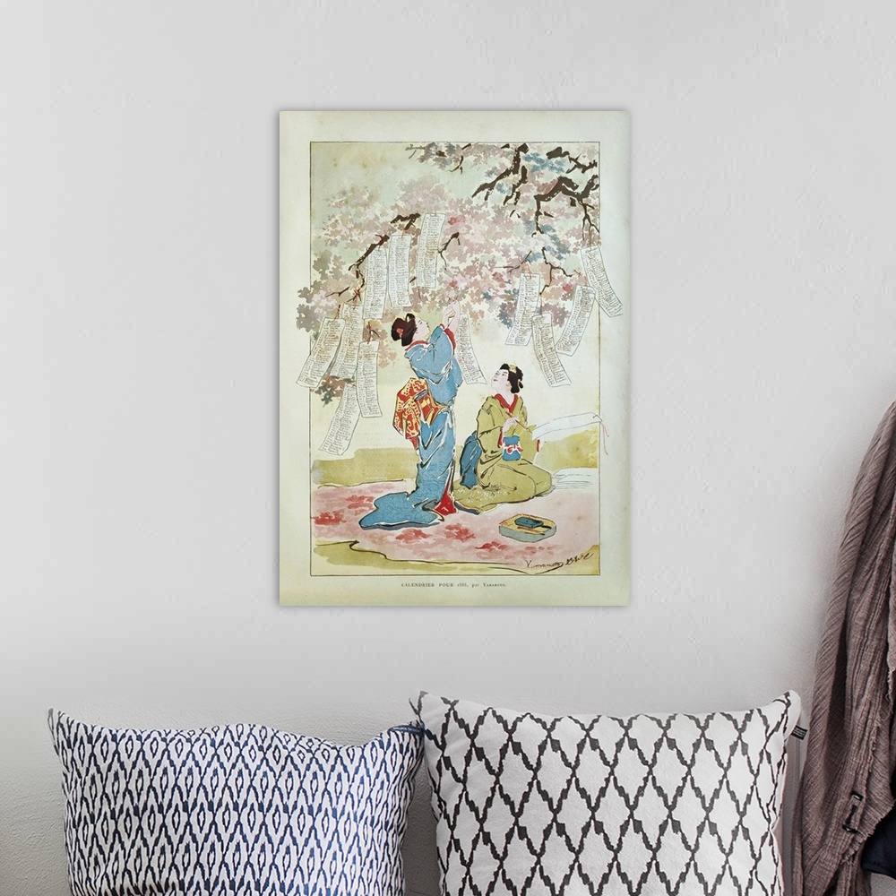 A bohemian room featuring Illustration of two geisha entitled "Calendrier pour 1885" by Yamamoto published on December 1st,...
