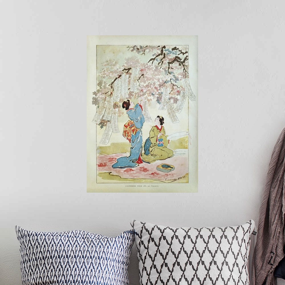 A bohemian room featuring Illustration of two geisha entitled "Calendrier pour 1885" by Yamamoto published on December 1st,...