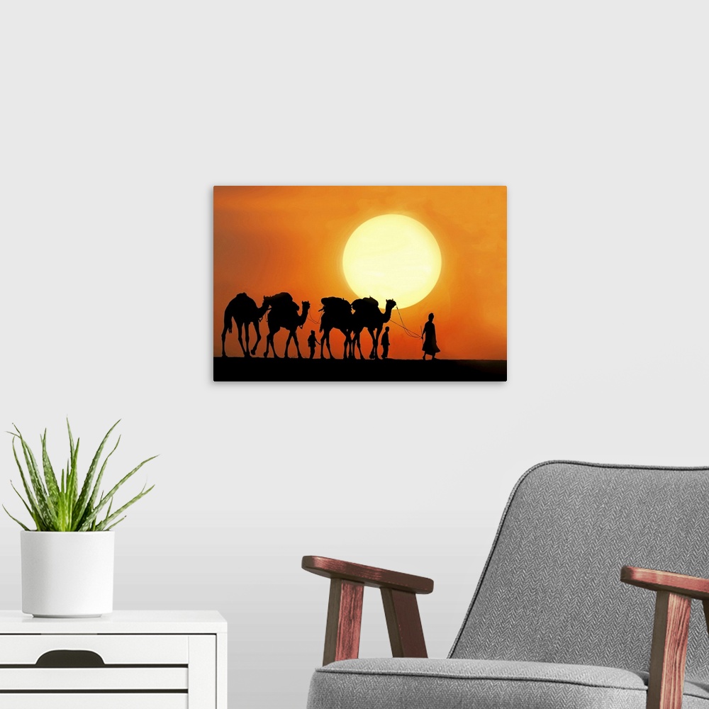 A modern room featuring Camel ride at sunset.