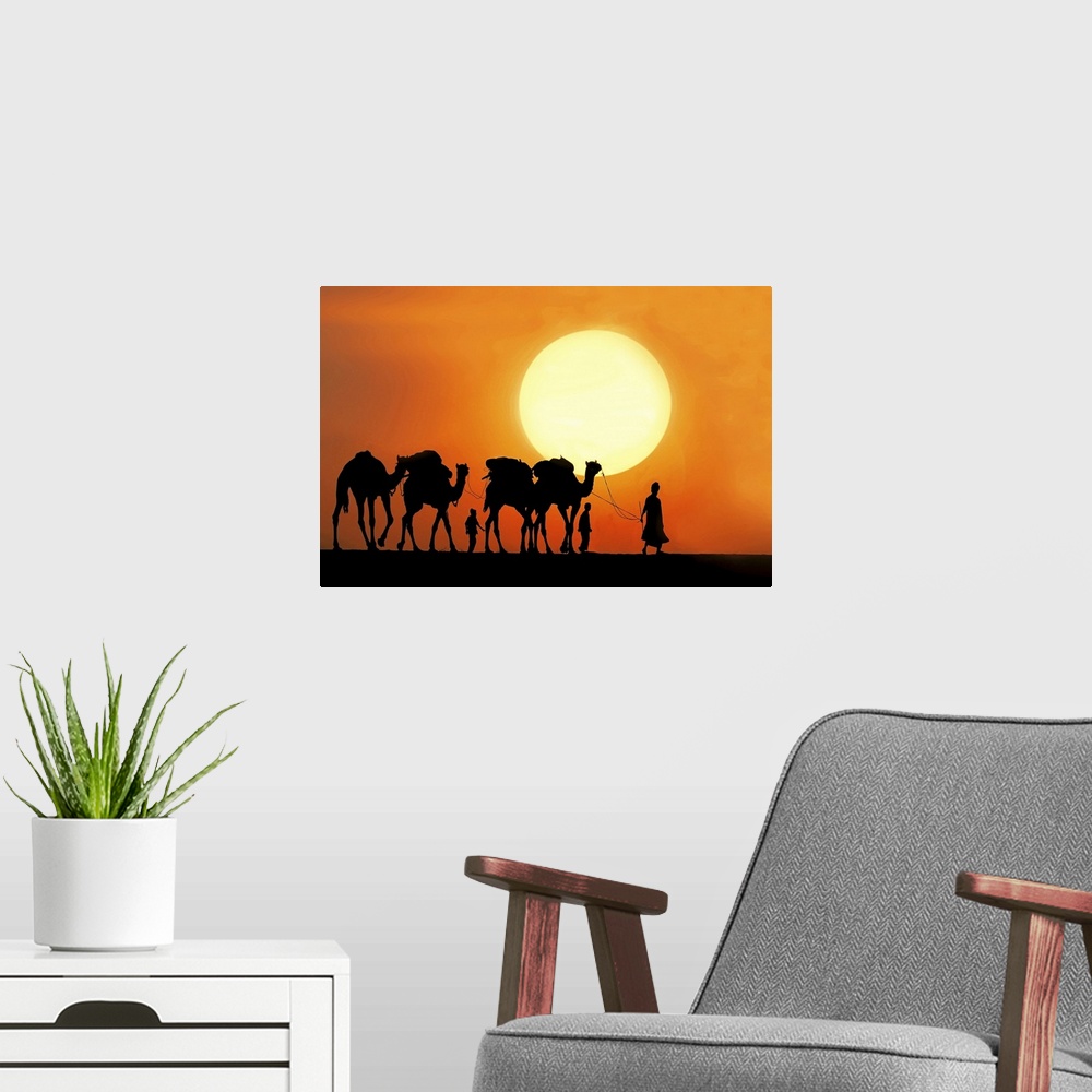 A modern room featuring Camel ride at sunset.