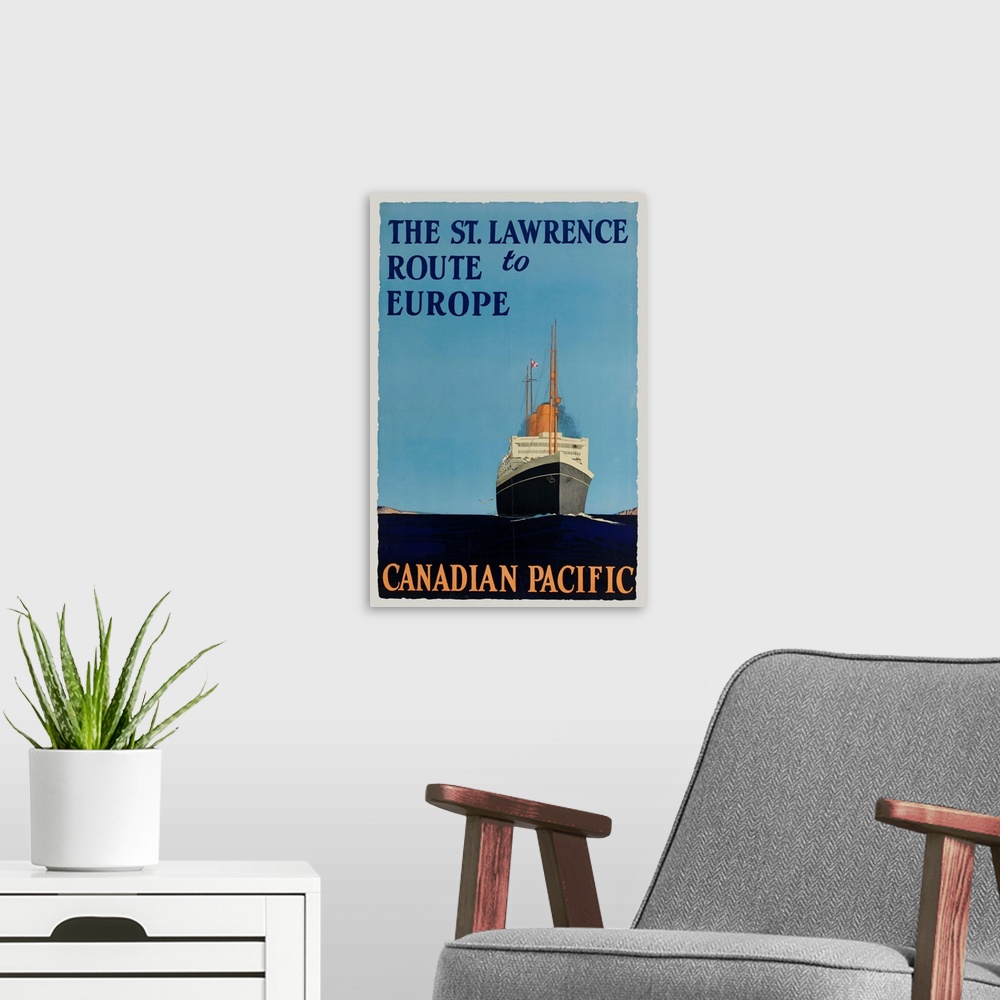 A modern room featuring ca 1920s Canadian Pacific Ship line travel poster.