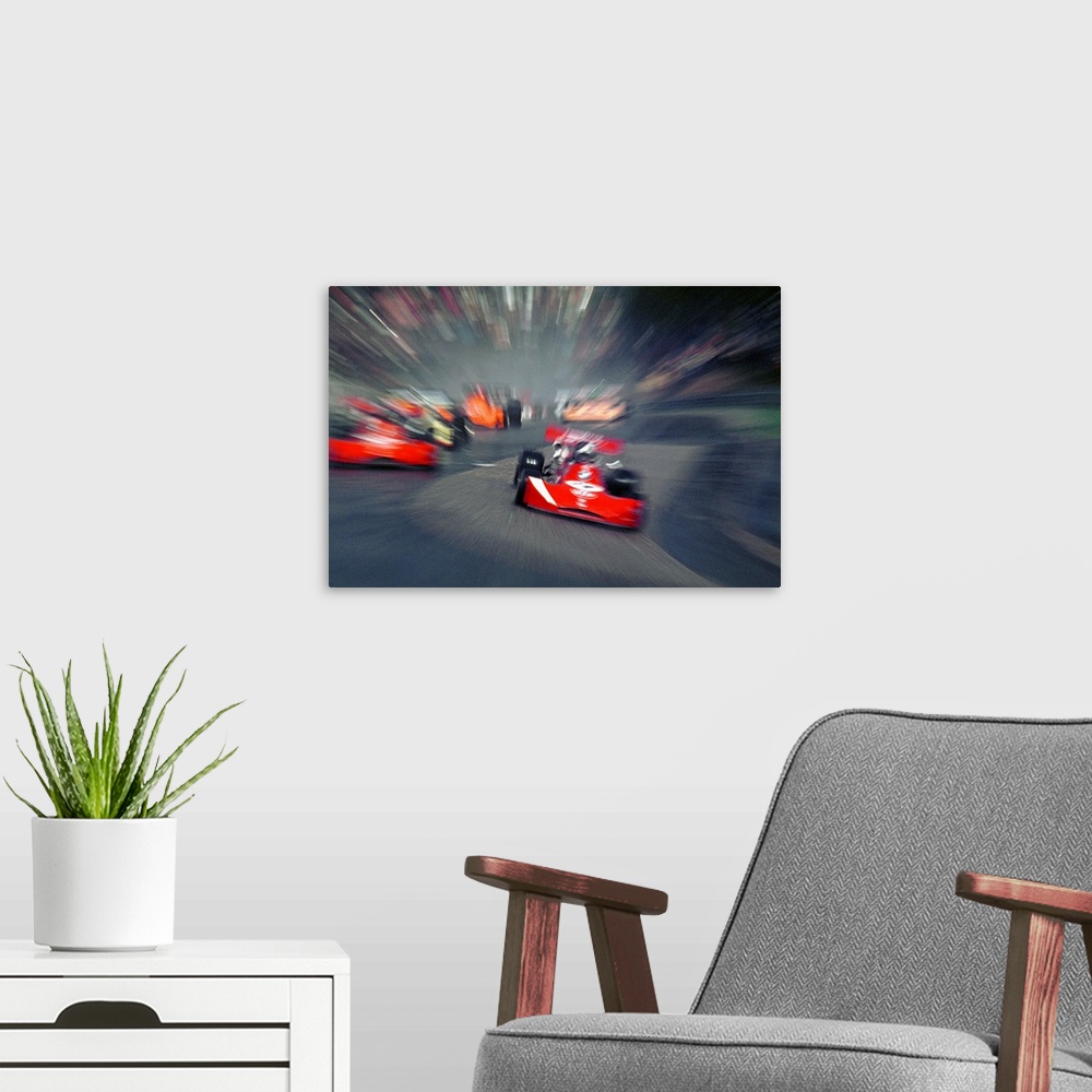 A modern room featuring car racing