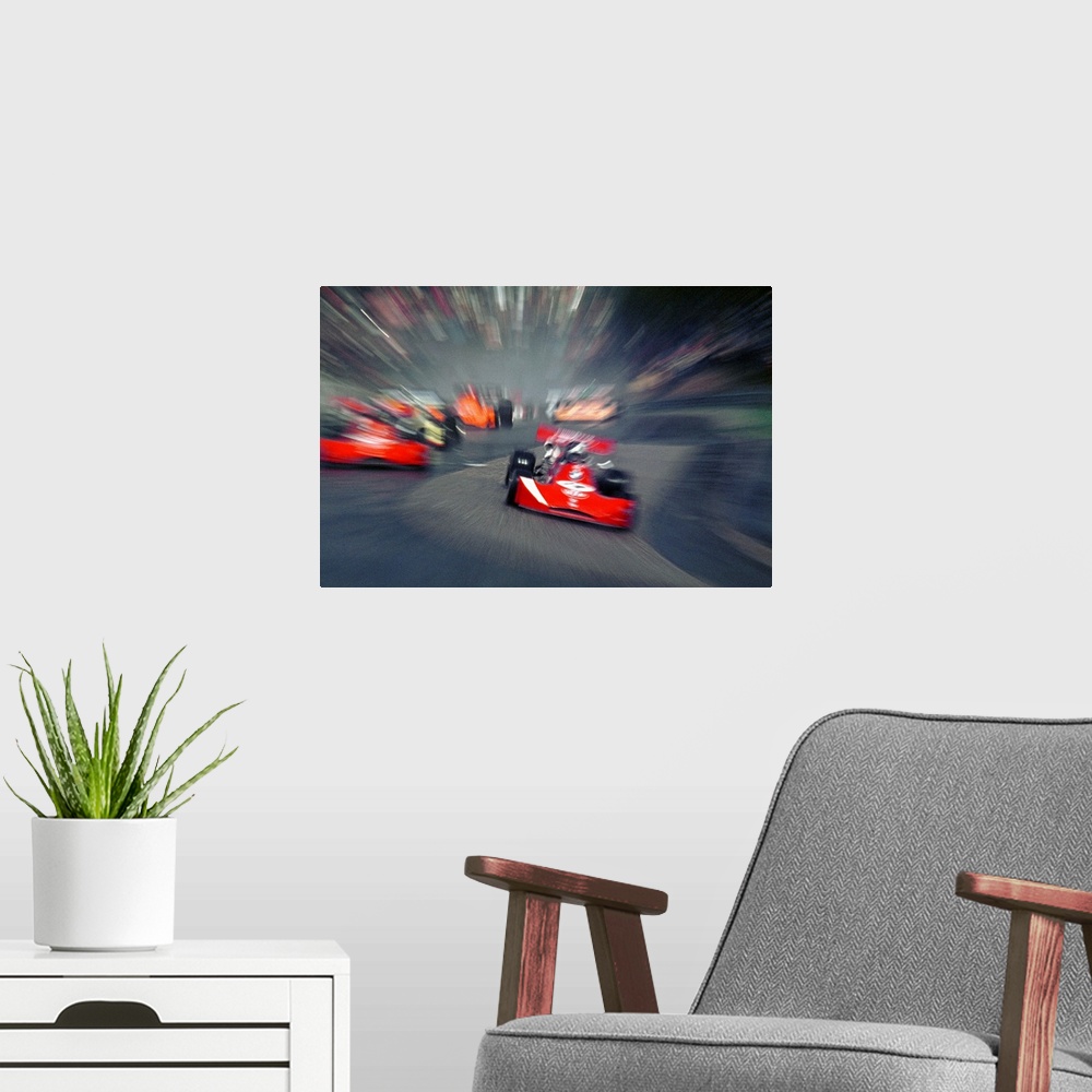 A modern room featuring car racing
