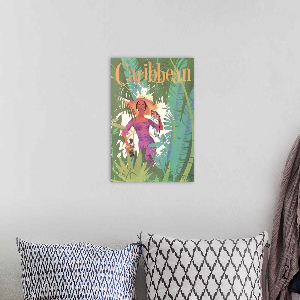 A bohemian room featuring Caribbean Travel Poster