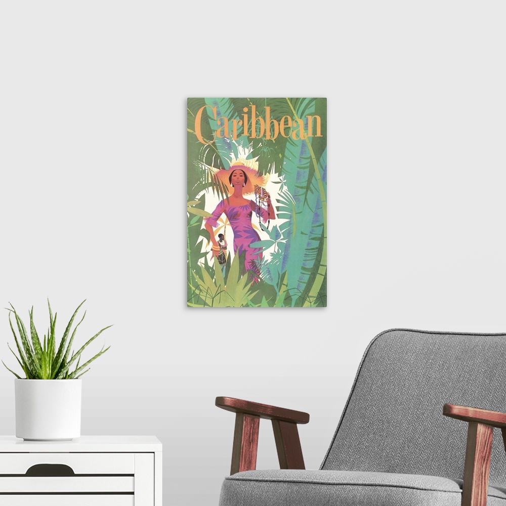 A modern room featuring Caribbean Travel Poster
