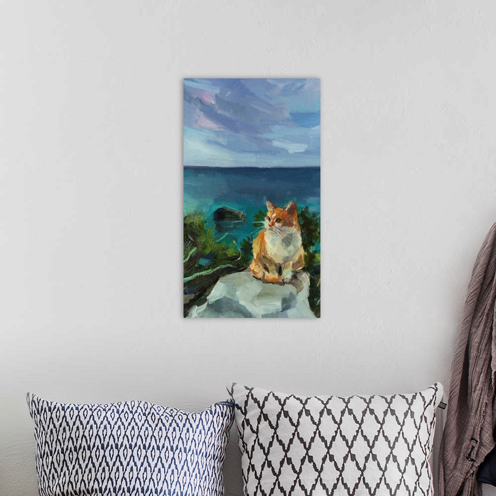 A bohemian room featuring Portrait of a cute red and white cat on a turquoise sea background.