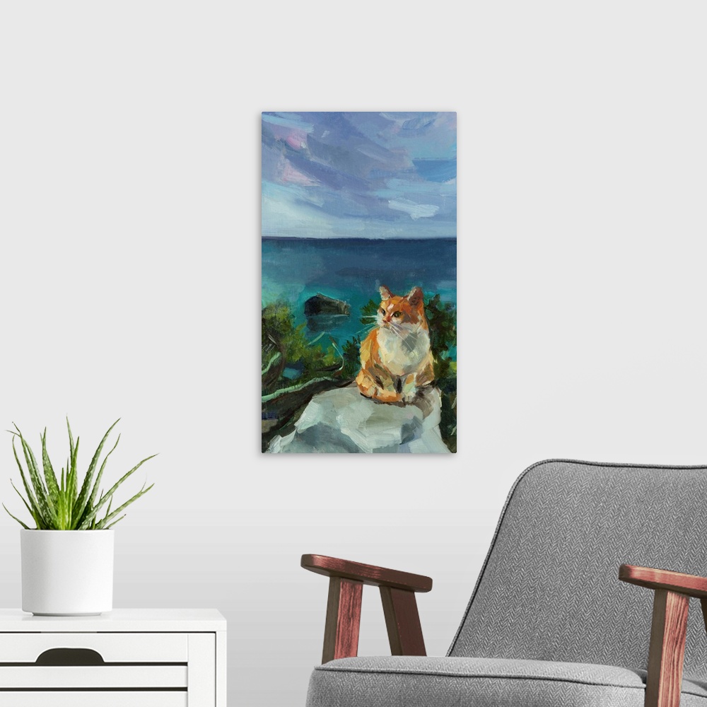 A modern room featuring Portrait of a cute red and white cat on a turquoise sea background.
