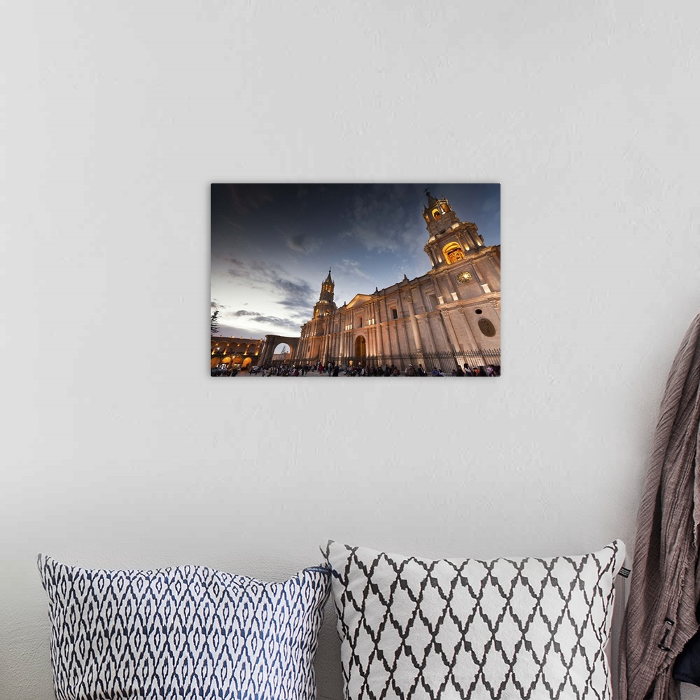 A bohemian room featuring Cathedral of Arequipa, Peru, at dusk
