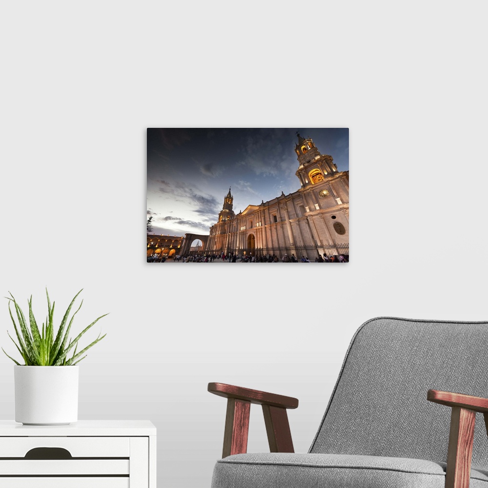 A modern room featuring Cathedral of Arequipa, Peru, at dusk