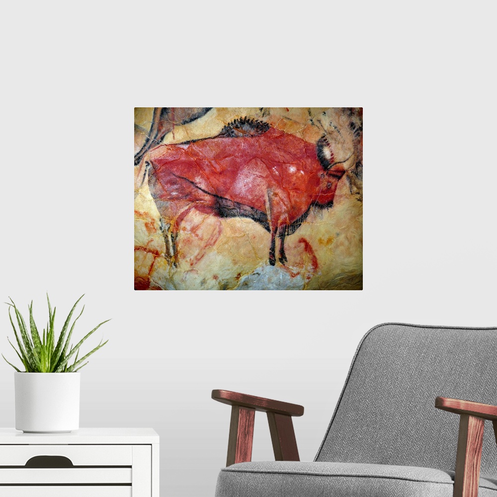 A modern room featuring Painting of a bison in the cave of Altamira, Spain.