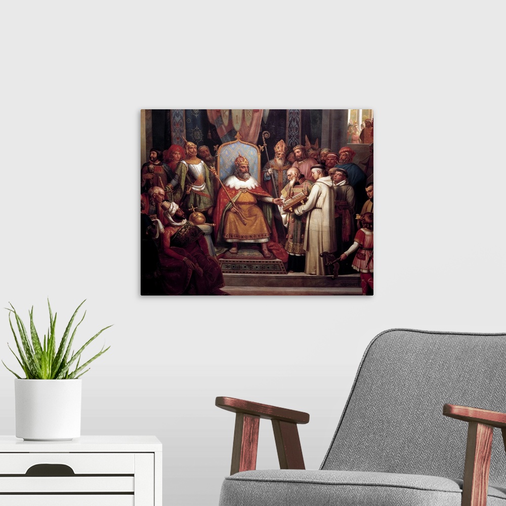 A modern room featuring Charlemagne surrounded by his principal officers welcomes Alcuin who shows him manuscripts, work ...