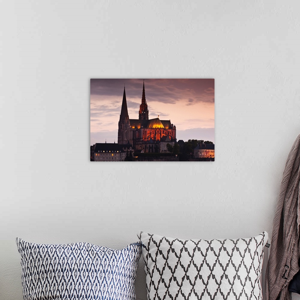 A bohemian room featuring France, Centre Region, Eure et Loir Department, Chartres, Chartres Cathedral, elevated view, dusk