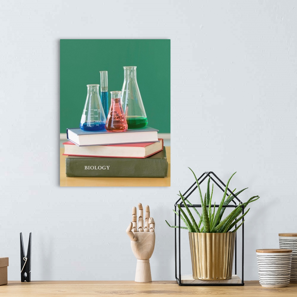 A bohemian room featuring Chemistry beakers and stack of books