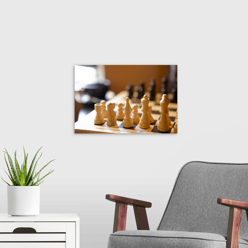 A modern room featuring Chessboard with chess pieces