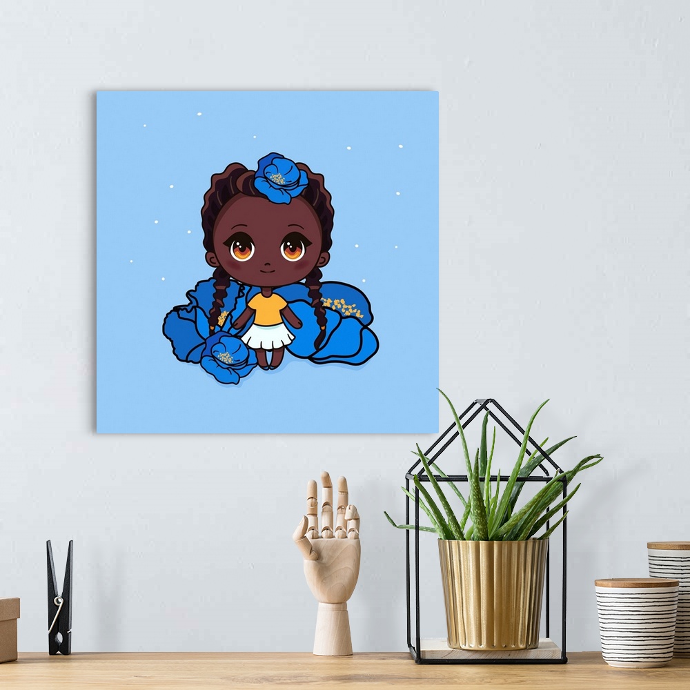 A bohemian room featuring Cute and kawaii African American girl with poppies. Happy manga chibi girl with blue flowers. Ori...