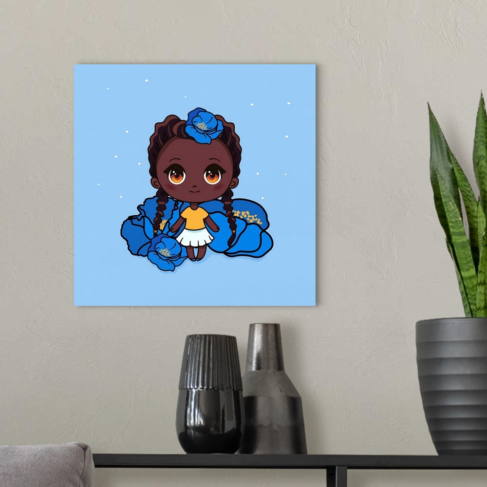 A modern room featuring Cute and kawaii African American girl with poppies. Happy manga chibi girl with blue flowers. Ori...