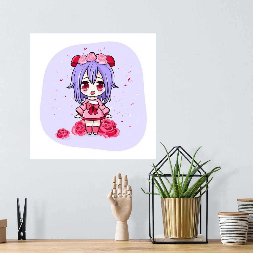 A bohemian room featuring Cute and kawaii girl in dress with roses. Manga chibi girl with red and pink flowers. Originally ...