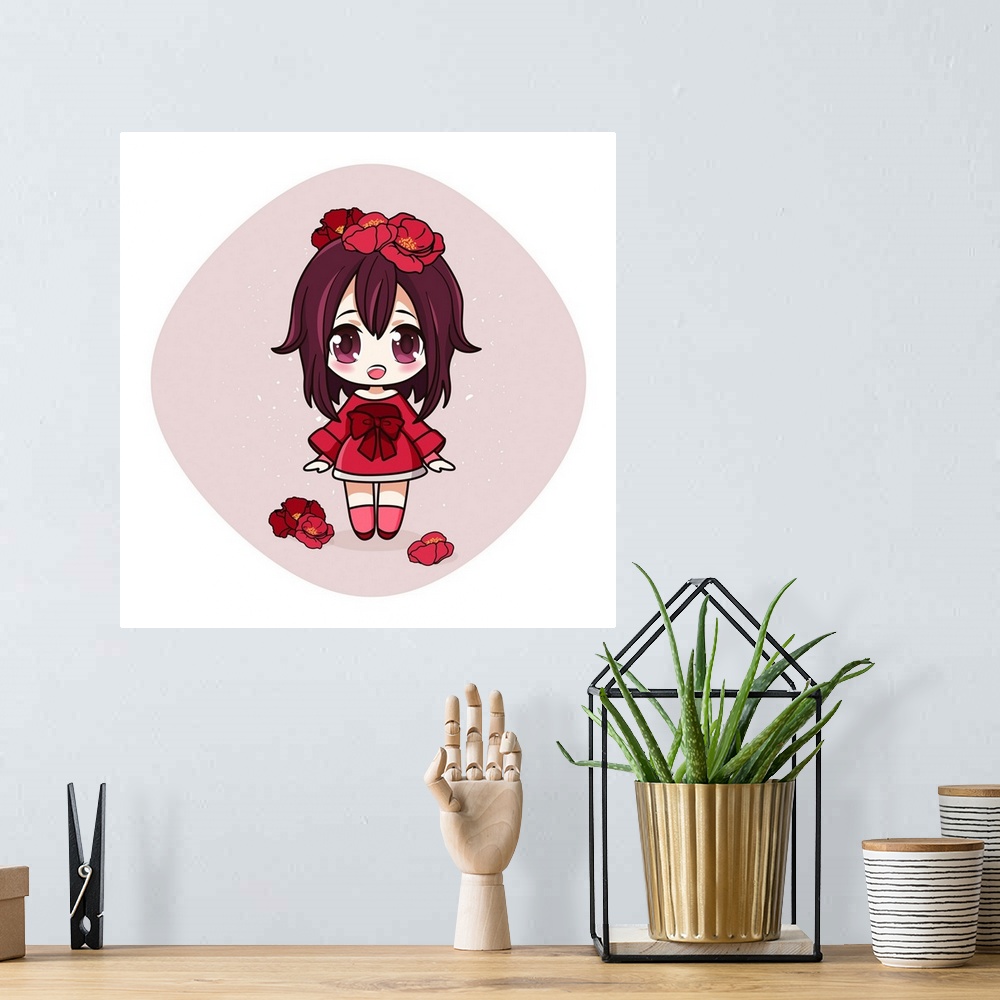 A bohemian room featuring Cute and kawaii girl in dress with poppies. Happy manga chibi girl with red flowers. Originally a...