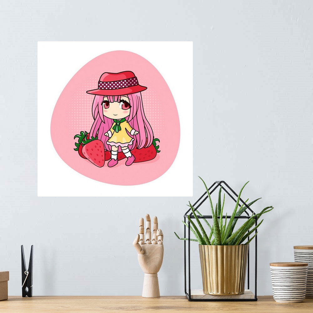 A bohemian room featuring Cute and kawaii girl with pink hair. Happy manga chibi girl with strawberries. Originally a vecto...
