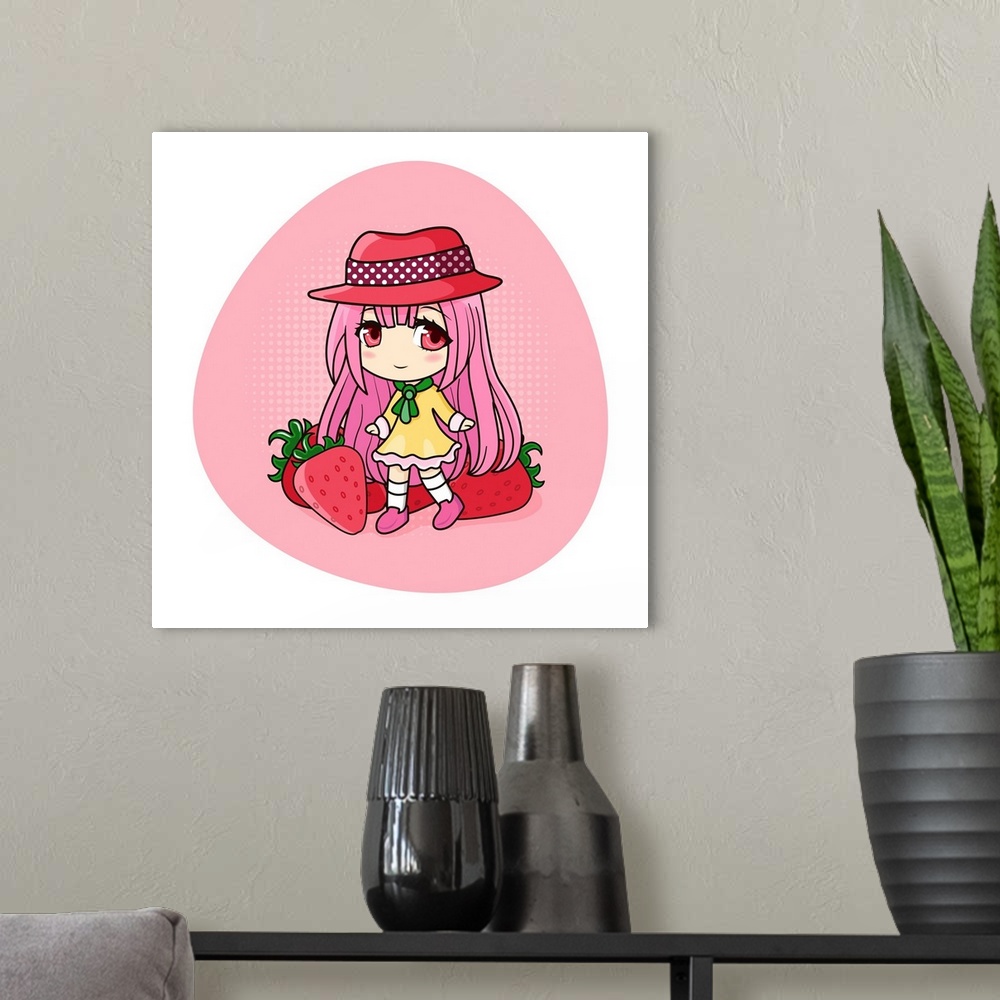 A modern room featuring Cute and kawaii girl with pink hair. Happy manga chibi girl with strawberries. Originally a vecto...