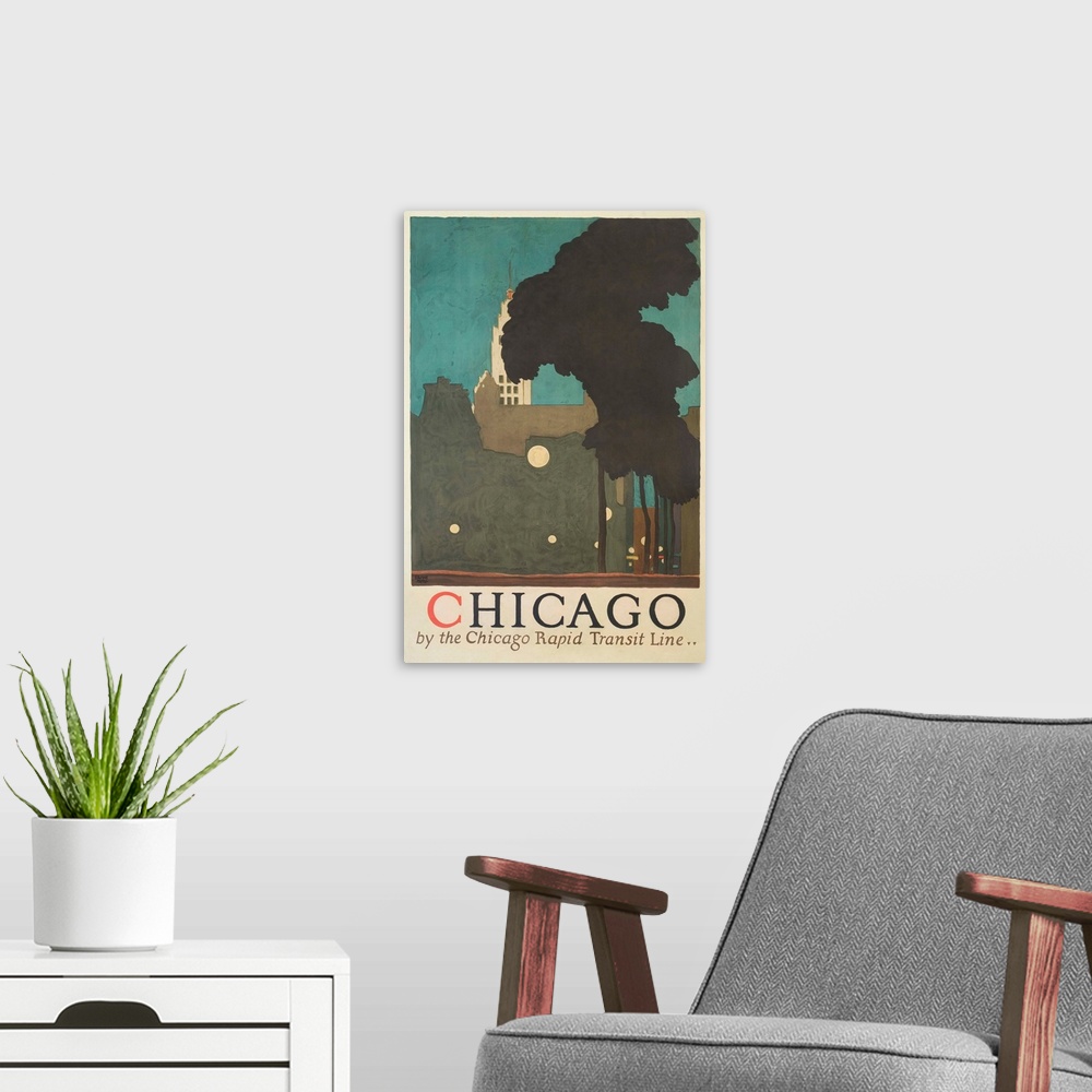 A modern room featuring Chicago By The Chicago Rapid Transit Line Poster By Ervine Metzl