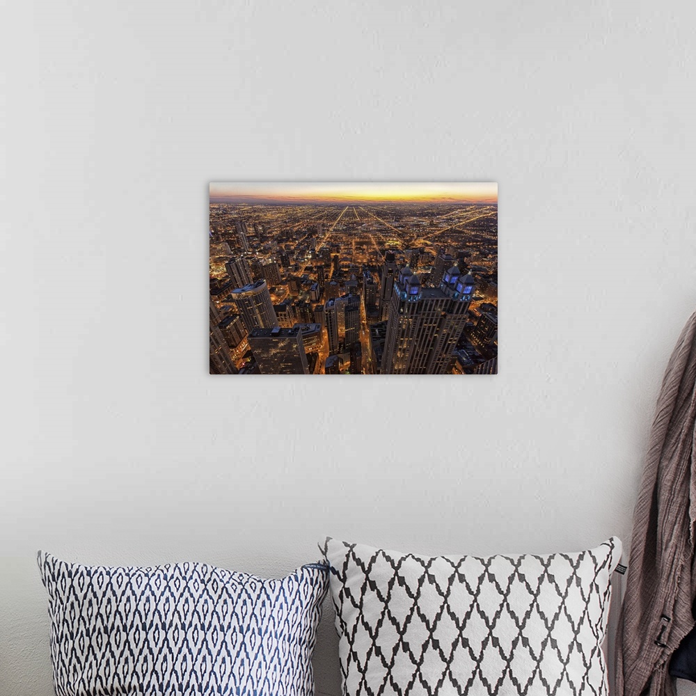 A bohemian room featuring Chicago downtown at sunset.