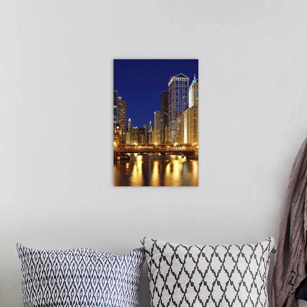 A bohemian room featuring Chicago River and skyline at dusk, Chicago, IL