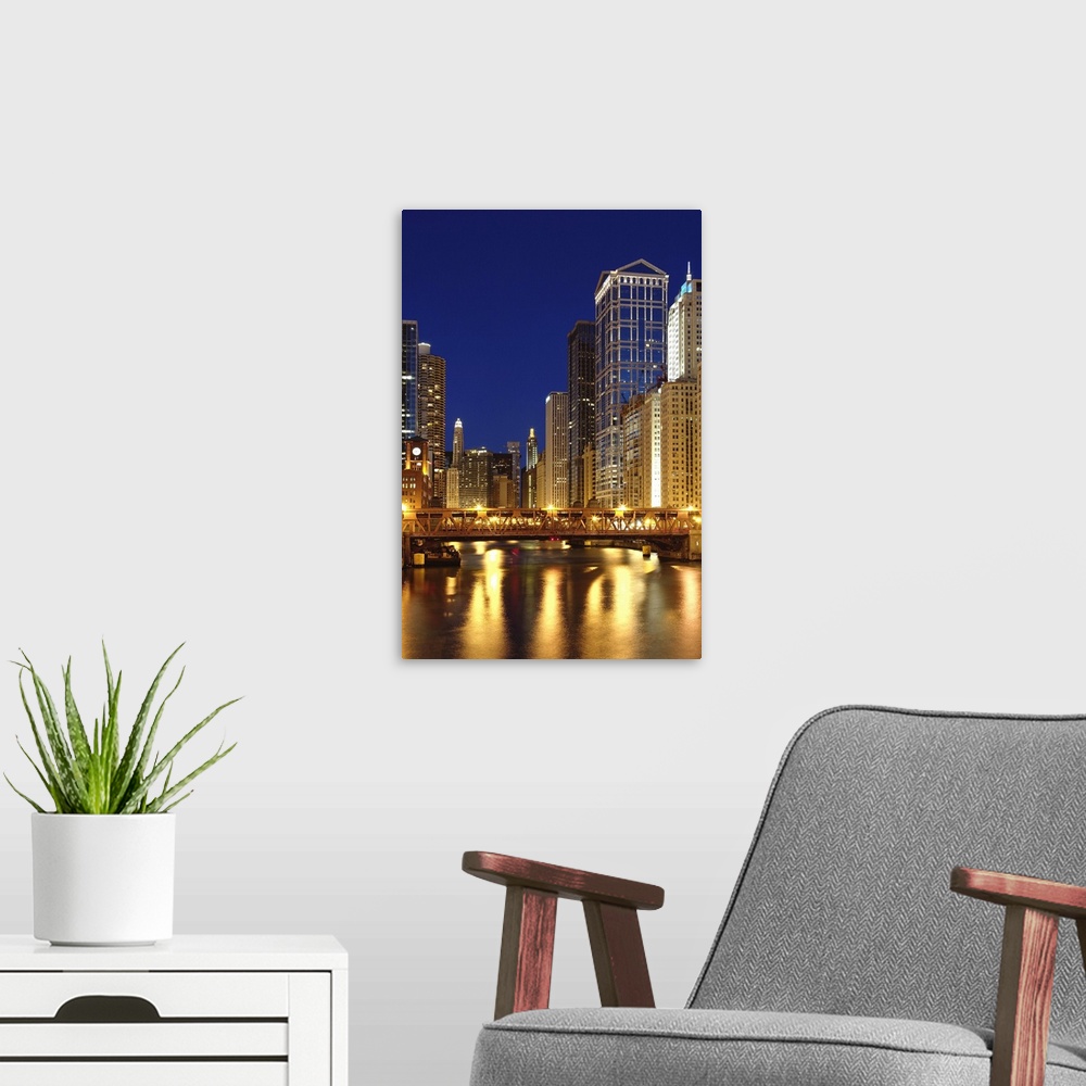 A modern room featuring Chicago River and skyline at dusk, Chicago, IL