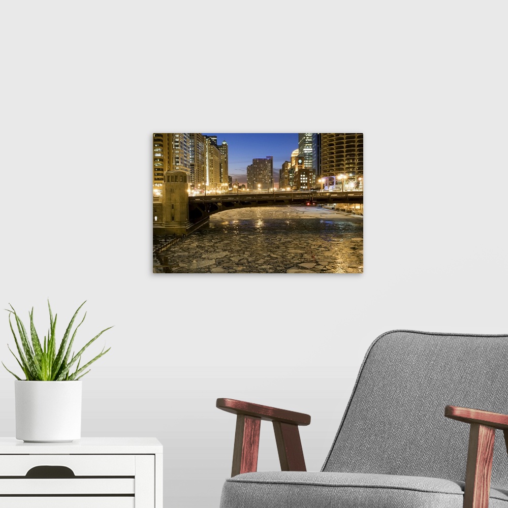 A modern room featuring Looking down the frozen Chicago River at dusk.