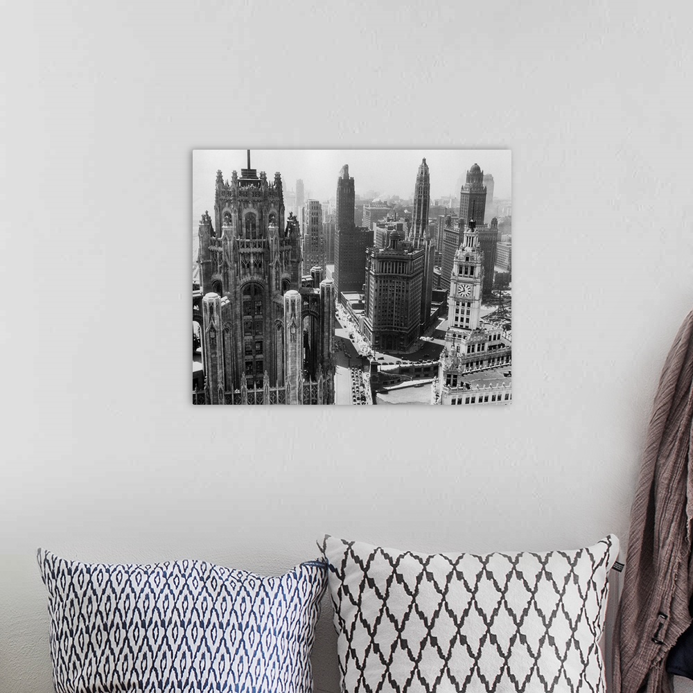 A bohemian room featuring Chicago, IL: Towers of leading Chicago skyscrapers. Undated photo.