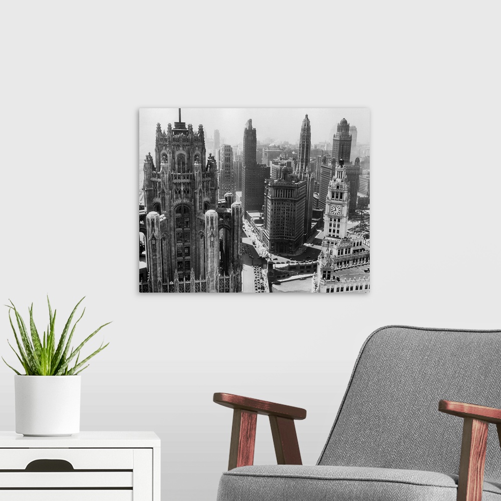 A modern room featuring Chicago, IL: Towers of leading Chicago skyscrapers. Undated photo.