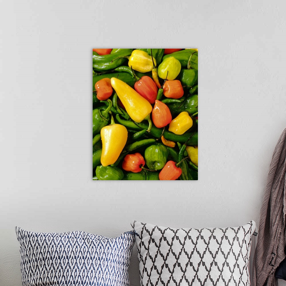 A bohemian room featuring This vertical photograph of food is a pile of hot peppers.