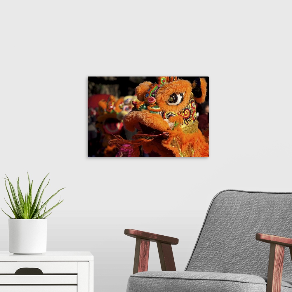 A modern room featuring Close-up of Chinese lion dance, Jhubei City, Taiwan.