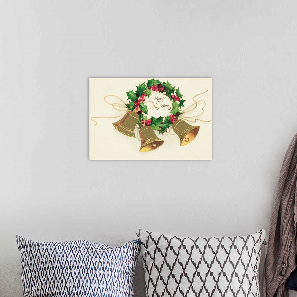 A bohemian room featuring Christmas postcard: A trio of bells hang from a wreath of holly surrounding a caption reading Mer...