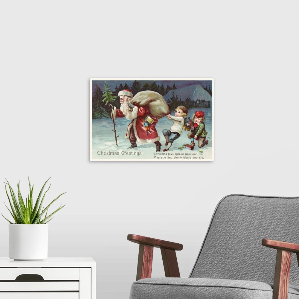 A modern room featuring Christmas Greetings Postcard With Santa Claus And Two Children