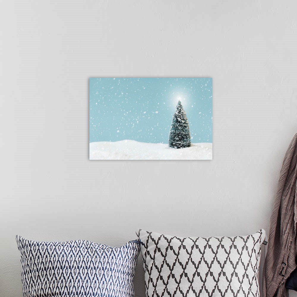 A bohemian room featuring Christmas tree covering by snow, studio shot