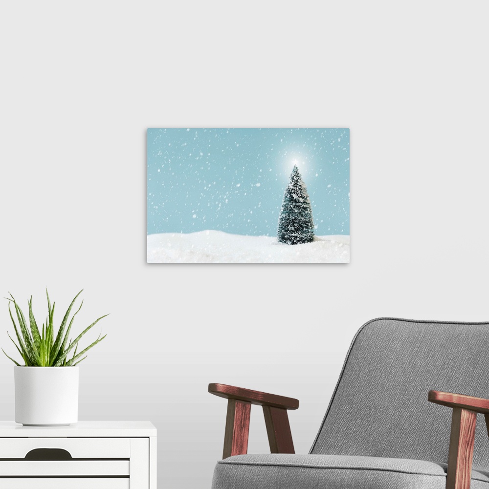 A modern room featuring Christmas tree covering by snow, studio shot