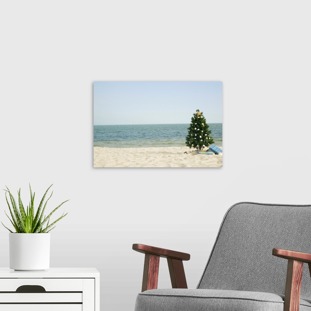 A modern room featuring Christmas tree on beach